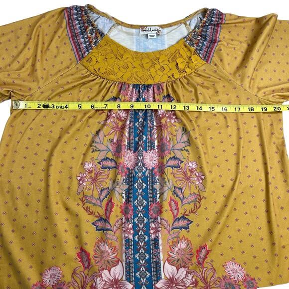 World Unity Blouse Size Small Yellow Pink Blue Peasant Floral Laced Bohemian Top - Picture 12 of 12